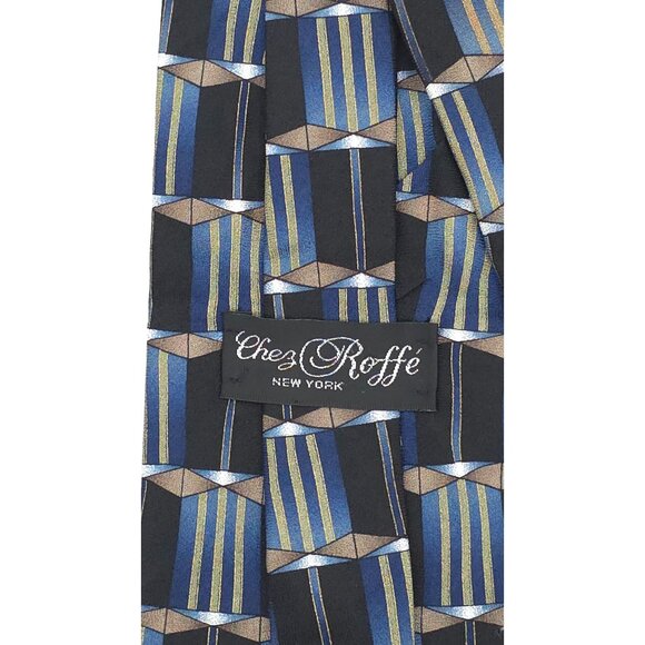 Chez Roffie New York Men's Silk Blue/Black Geometric Pattern Tie - Picture 5 of 8